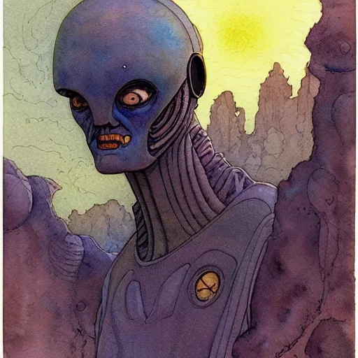 Prompt: a simple and atmospheric watercolour portrait of a pulp sci - fi alien commander, very muted colors, by rebecca guay, michael kaluta, charles vess and jean moebius giraud