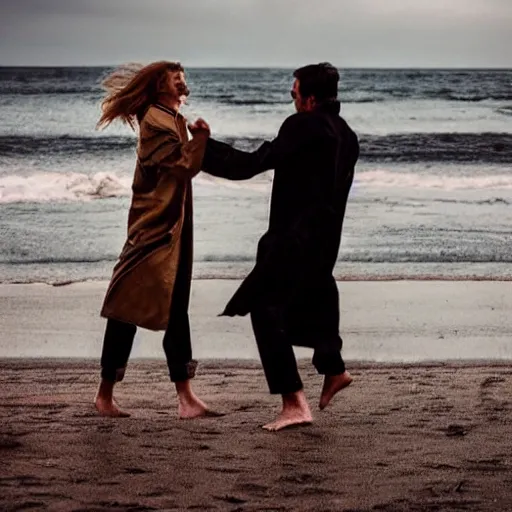 Image similar to weathered color photo of a man and woman both wearing trenchcoats, dancing together on a beach during cloudy weather at night, very dark