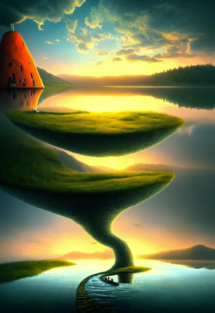 Image similar to a surreal landscape at sunset with a immense gigantic ornated iron chalice cup with a lake inside, water in excess dropping by gediminas pranckevicius