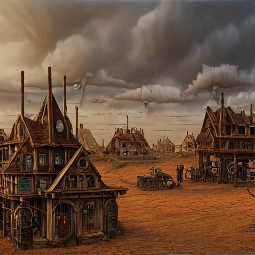 Prompt: a hyperrealistic painting of a steampunk village in the middle of a desert wasteland, blue skies, ominous clouds, by john kenn mortensen and zdzislaw beksinski, highly detailed, vivid color,