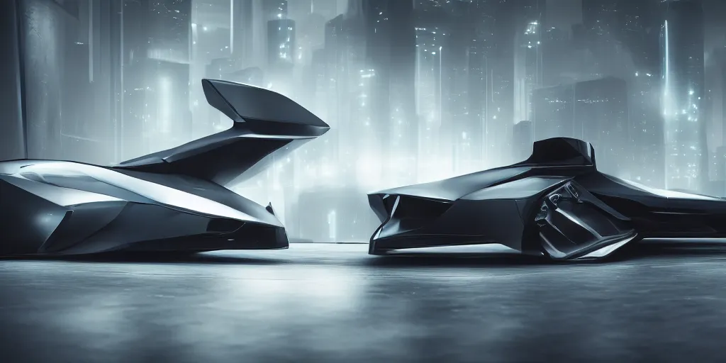 Prompt: a design of a futuristic vehicle, designed by Polestar, blade runner background, brushed gunmetal car paint, black windows, dark show room, dramatic lighting, hyper realistic render, depth of field