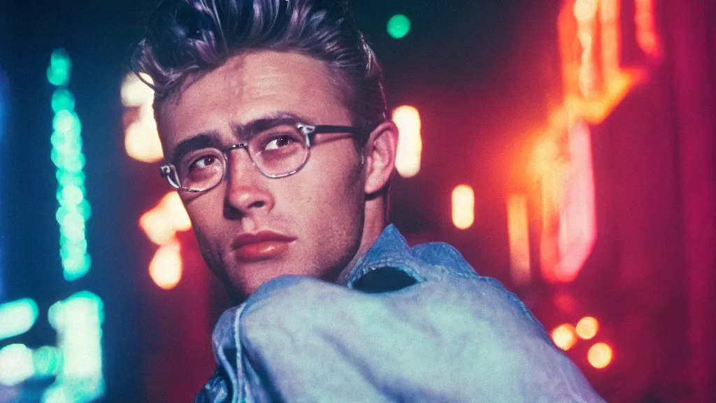 Prompt: close up portrait of James Dean in a cyberpunk cityscape with neon lights, Cinestill 800t film photo