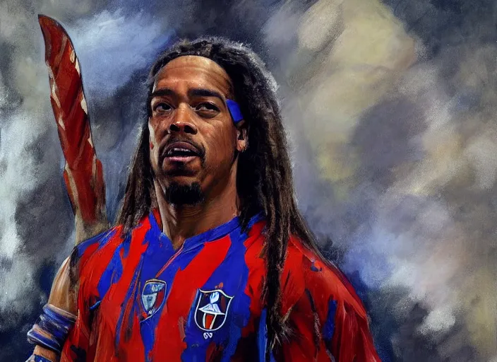 Prompt: a highly detailed beautiful portrait of ronaldinho as kratos, by gregory manchess, james gurney, james jean