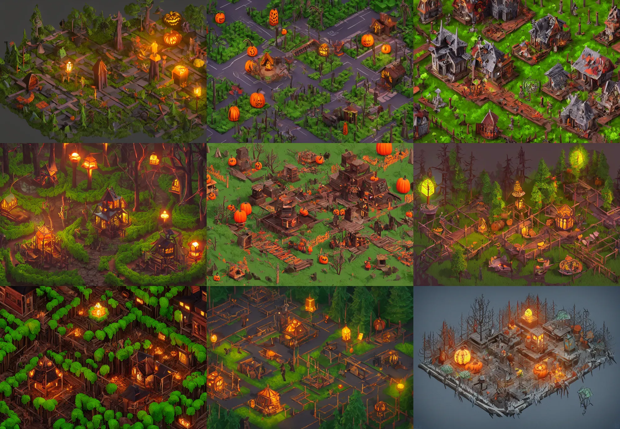 Prompt: evil forest halloween themed isometric game level, with detailed wood, lanterns, toon shader, arnold maya render, artstation by miha rinne