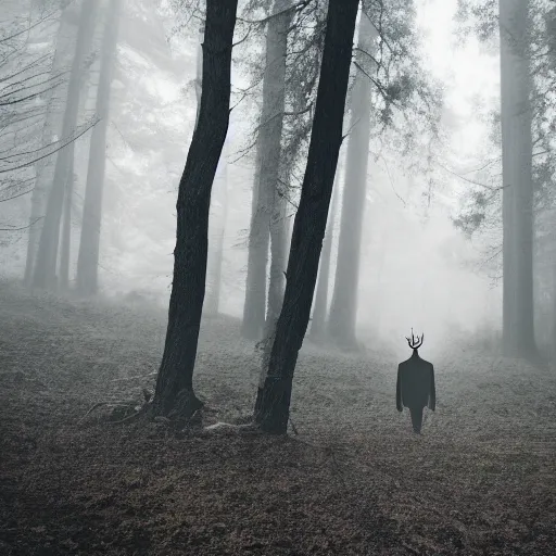 Image similar to an old photo of a tall pale man with antlers deep in a dark foggy forest