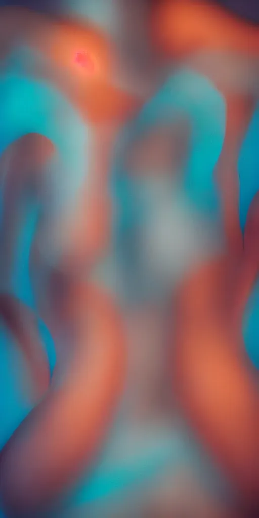 Image similar to a blurry closeup picture of abstract gorgeous human bodies, body parts, torso, macro photography, long exposure photograph, surrealism, anamorphic bokeh, orange and cyan lighting, cinematic