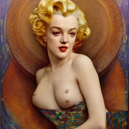 Image similar to Masterpiece head and shoulders portrait of marilyn monroe drawn by Donato Giancola and Tom Bagshaw, Edmund Leighton, Alphonse Mucha, background by James Jean and Gustav Klimt, 4k, porcelain skin, volumetric lighting, komorebi, french nouveau, trending on artstation, octane render, hyperrealistic