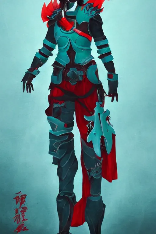 Image similar to female adventurer in tight full - body teal leather armor of japanese design with red accents and a white porcelain crow mask, trending in artstation, japanese, artstation, big moon in the background establishing shot