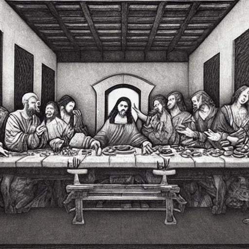 Image similar to the last supper remake da vinci - by yoshitaka amano - final fantasy game illustrator - super realistic details, fantasy art, trending in deviantart