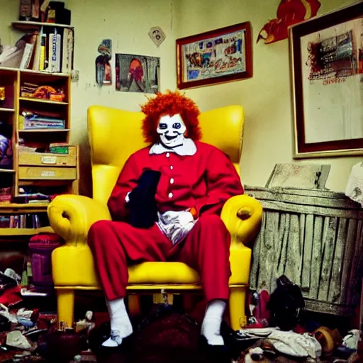 Image similar to ronald mcdonald sitting in an armchair in a cluttered apartment, gritty, film, somber