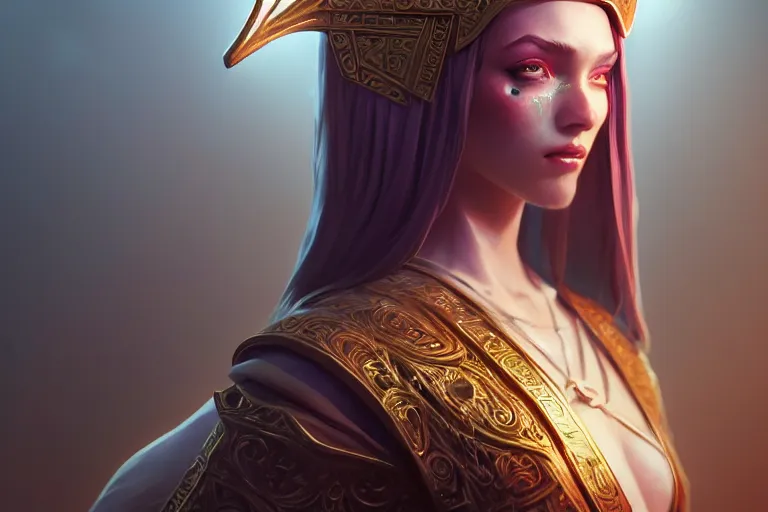 Image similar to Girl Priestess fantasy, robes, ankh symbol, intricate, elegant, highly detailed, digital painting, artstation, concept art, smooth, sharp focus, illustration, art by Ilja Repin, octane render, RPG_portrait