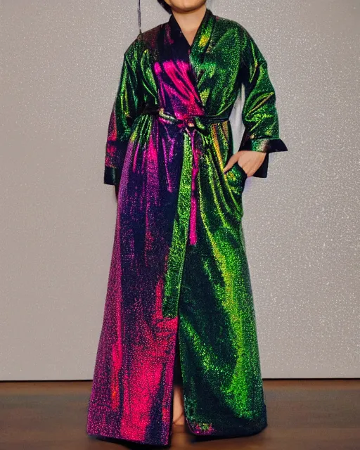 Image similar to a woman in metallic multicolored long robes