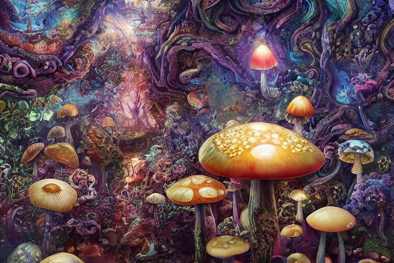 Prompt: Trippy mushroom, oil on canvas, intricate, portrait, 8k highly professionally detailed, HDR, CGsociety, illustration painting by Mandy Jurgens and Małgorzata Kmiec and Dang My Linh and Lulu Chen and Alexis Franklin and Filip Hodas and Pascal Blanché and Bastien Lecouffe Deharme, detailed intricate ink illustration, heavenly atmosphere, detailed illustration, hd, 4k, digital art, overdetailed art, concept art, complementing colors, trending on artstation, Cgstudio, the most beautiful image ever created, dramatic, subtle details, illustration painting by alphonse mucha and frank frazetta daarken, vibrant colors, 8K, style by Wes Anderson, award winning artwork, high quality printing, fine art, gold elements, intricate, epic lighting, very very very very beautiful scenery, 8k resolution, digital painting, sharp focus, professional art, atmospheric environment, art by artgerm and greg rutkowski, by simon stålenhag, rendered by Beeple, by Makoto Shinkai, syd meade, 8k ultra hd, artstationHD, 3d render, hyper detailed, elegant, by craig mullins and marc simonetti, Ross Tran and WLOP, by Andrew Wyeth and Gerald Brom, John singer Sargent and James gurney