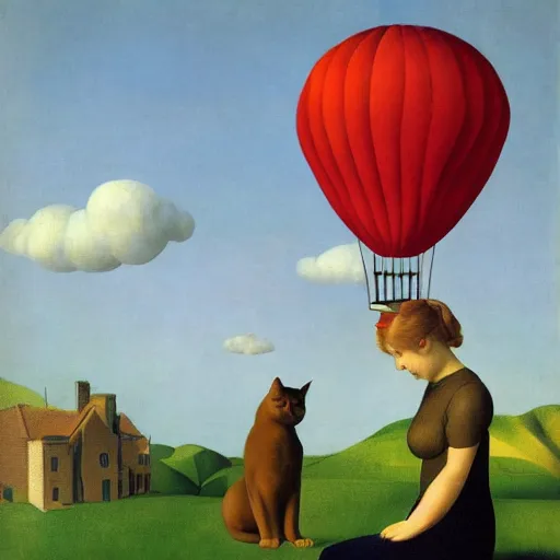 Image similar to a girl and her cat enjoying a hot-air-balloon ride by Raphael, Hopper, and Rene Magritte. detailed, romantic, enchanting, trending on artstation.