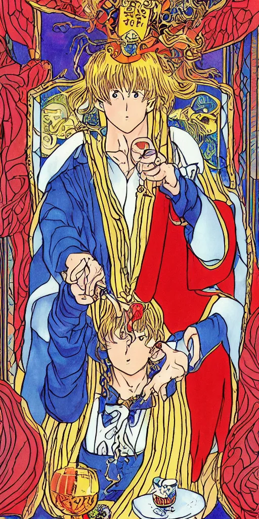 Prompt: a mystical man with a goblet on the table, wizard hat, drawn by Naoko Takeuchi, impressive line work, tarot card. tarot card the magician, psychedelic