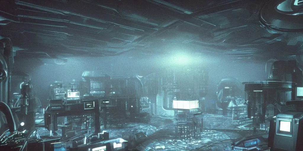 Image similar to film still of inside a dark futuristic scientific research outpost with complicated machinery and lasers in a moist foggy jungle, science fiction, laser lights and spooky shapes, ridley scott, lights through fog, futuristic outpost building, wet lush jungle landscape, dark sci - fi, 1 9 8 0 s, beige and dark atmosphere, ridley scott