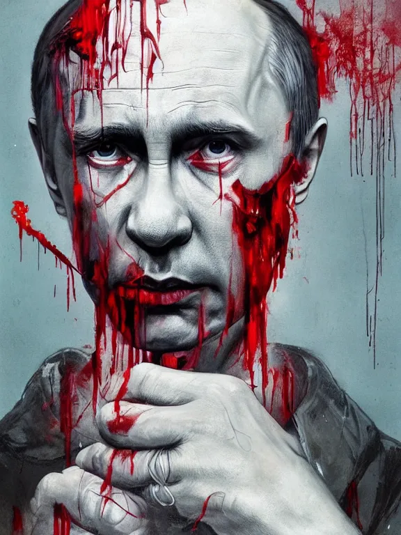 Prompt: art portrait of Vladimir Putin with blood and veins, crying, staying on her knees, ,8k,by tristan eaton,Stanley Artgermm,Tom Bagshaw,Greg Rutkowski,Carne Griffiths,trending on DeviantArt,face enhance,hyper detailed,minimalist,cybernetic, android, blade runner,full of colour,