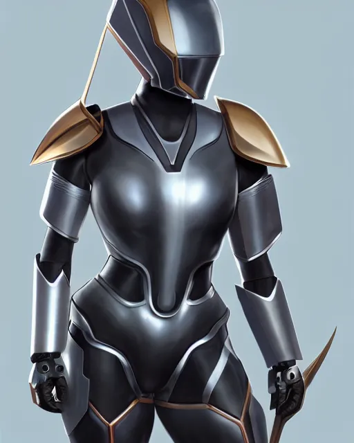 Image similar to concept art of a thicc female futurstic warrior, wearing a futuristic helmet, futurstic smooth slim fitted armor, sleek design, aerodynamic design, holding a large futurstic robotic bow, full body image | | epic - fine - clean, polished, trending on artstation, brush strokes