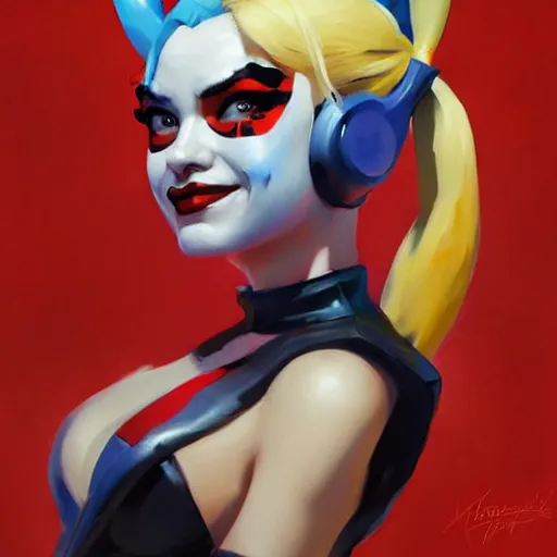 Image similar to Greg Manchess portrait painting of Harley Quinn as Overwatch character, medium shot, asymmetrical, profile picture, Organic Painting, sunny day, Matte Painting, bold shapes, hard edges, street art, trending on artstation, by Huang Guangjian and Gil Elvgren and Sachin Teng