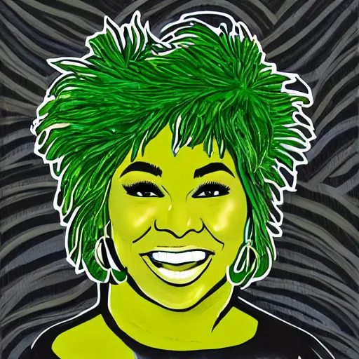 Image similar to tina turner portrait, green turnip hair as leaves, vegetable