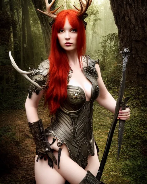 Image similar to 5 5 mm portrait photo of an armored redhead woman with a sword, and antlers growing from her head. magical forest in the backgeound. by luis royo. highly detailed 8 k. intricate. lifelike. soft light. nikon d 8 5 0. cinematic post - processing