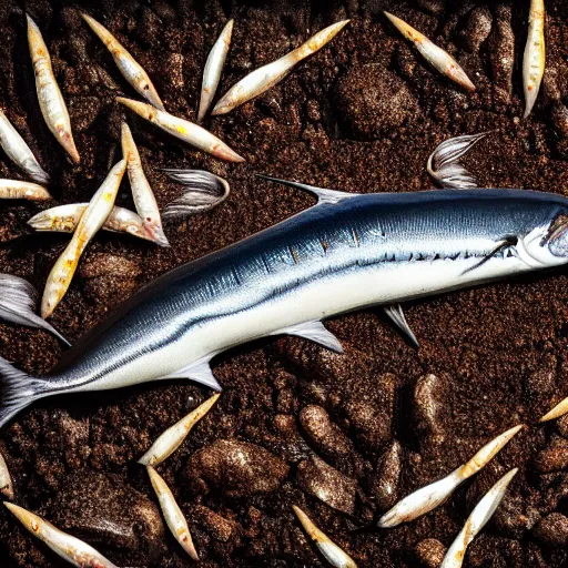 Image similar to a sardine grows from the soil, realistic, detailed, 4k, photography