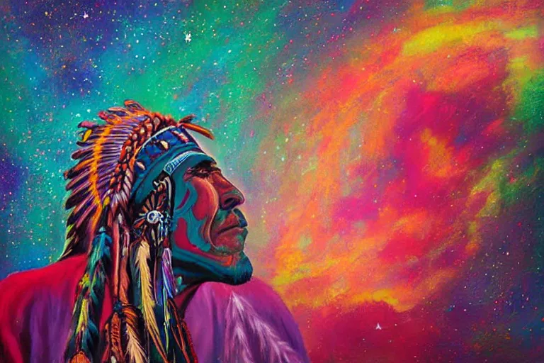 Image similar to digital art of a spiritual native american man looking up at the stars, acrylic art, universe, painting, pastel colors, synthwave, retro, cyberpunk,