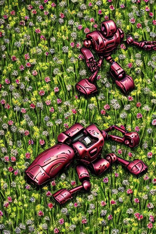 Prompt: destroyed combat robot lying in a field of flowers, twisted metal, chrome, reflections, earth, terrible, anthropomorphic, cyborg, photorealism, weapons, smoke, metal, armor, camouflage, wires, wild flowers, greenery, chips, red light bulbs, top view, extremely detailed, ultra - realism, cinematic light, epic, art by jeff koons