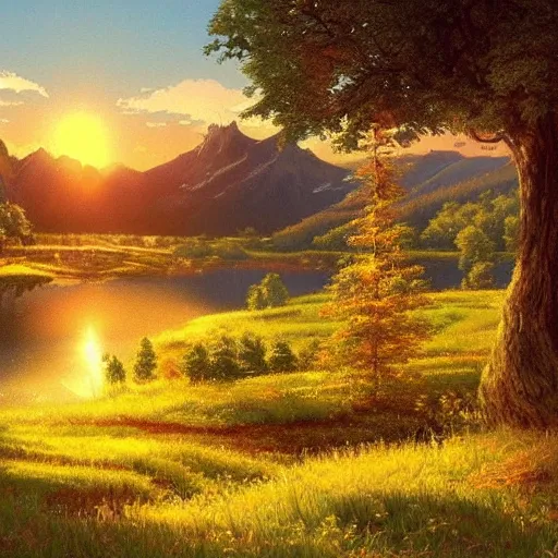 Image similar to a masterpiece detailed beautiful landscape of russian village, trees, lake, mountains, golden hour, sunset, by Makoto Shinkai