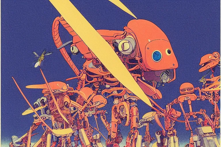 Image similar to gigantic dragonflies with human faces catch tiny robots, a lot of exotic mechas robots around, human heads everywhere, risograph by kawase hasui, edward hopper, satoshi kon and moebius, colorful flat surreal design, super - detailed, a lot of tiny details, fullshot