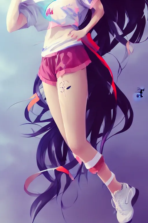 Image similar to pretty anime woman wearing sports clothes, fullbody art, drawn by WLOP, trending on artstation, one character only