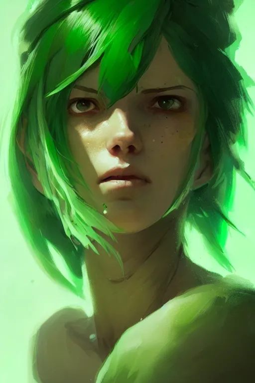 Prompt: character art by greg rutkowski, young woman, green hair, green skin, nature powers, 4 k, arstation, trending