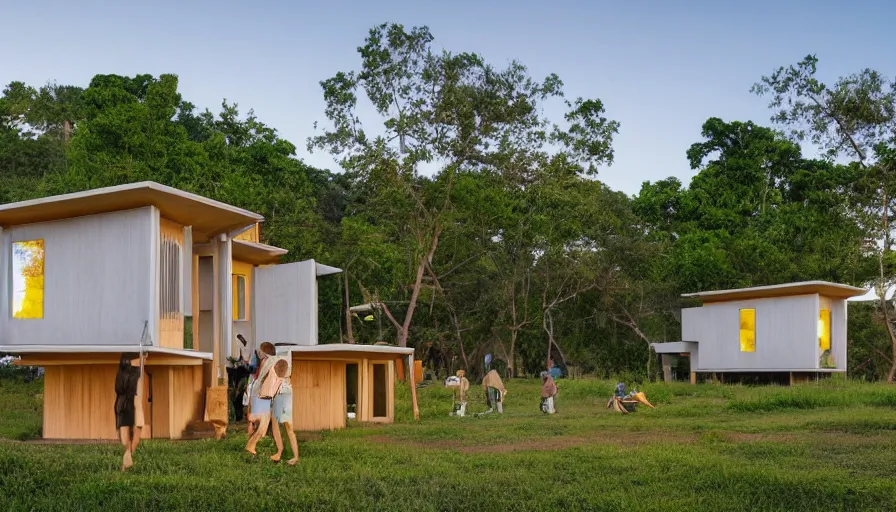 Image similar to A wide image of an eco-community neighborhood of innovative contemporary 3D printed prefab sea ranch style cabins with rounded corners and angles, beveled edges, made of cement and concrete, organic architecture, in a lush green eco community, Designed by Gucci and Wes Anderson, golden hour