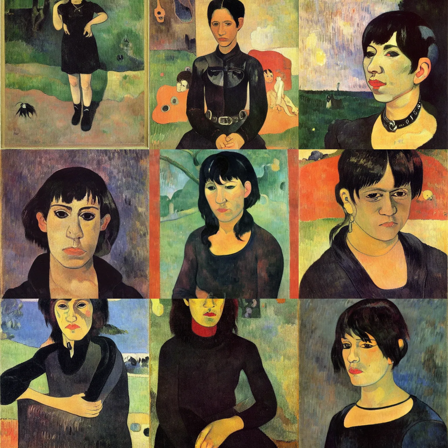 Prompt: an emo portrait by paul gauguin. her hair is dark brown and cut into a short, messy pixie cut. she has large entirely - black evil eyes. she is wearing a black tank top, a black leather jacket, a black knee - length skirt, a black choker, and black leather boots.