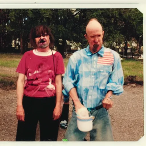 Image similar to found polaroid photo of trash humpers in the trailer park