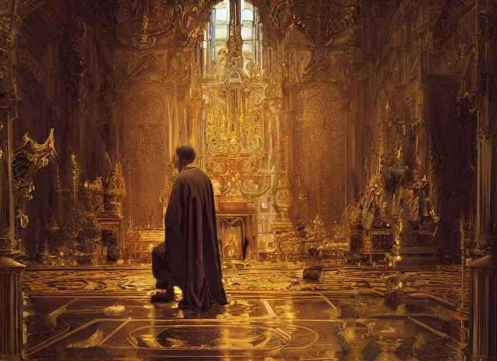 Prompt: kneeling before the pope, royal robe, gold trim, light effect, hyper detailed, intricate, atmospheric, elegant, photorealistic by michael komarck, greg rutkowski, victo ngai, artgerm, willem claesz heda and j. dickenson