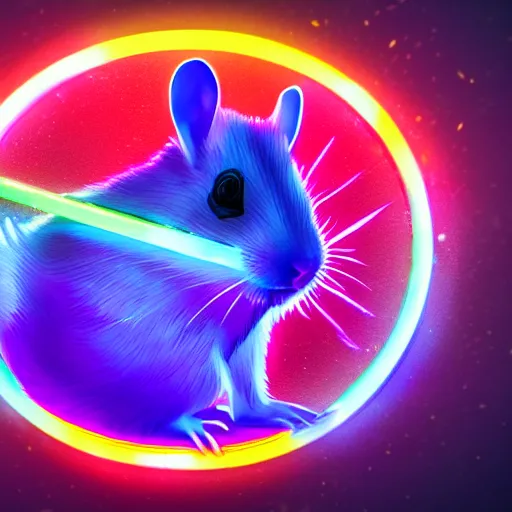 Image similar to cyberpunk hamster! holding rainbow! gem! crystal, neon lights, light reflection, logo, 8 k, hd