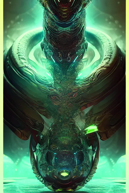 Prompt: a centered render of an ancient futuristic dragon with digital modifications surrounded by a underwater ink pour and flowing liquid gallium and complex sacred geometry, agressive stance, powerful, cinematic, beautifully lit, by beeple, by artgerm, by karol bak, 3 d, trending on artstation, octane render, 8 k