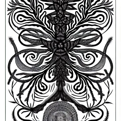 Image similar to a black and white drawing of some plants, an illustration of by ernst haeckel, behance contest winner, generative art, biomorphic, lovecraftian, intricate patterns