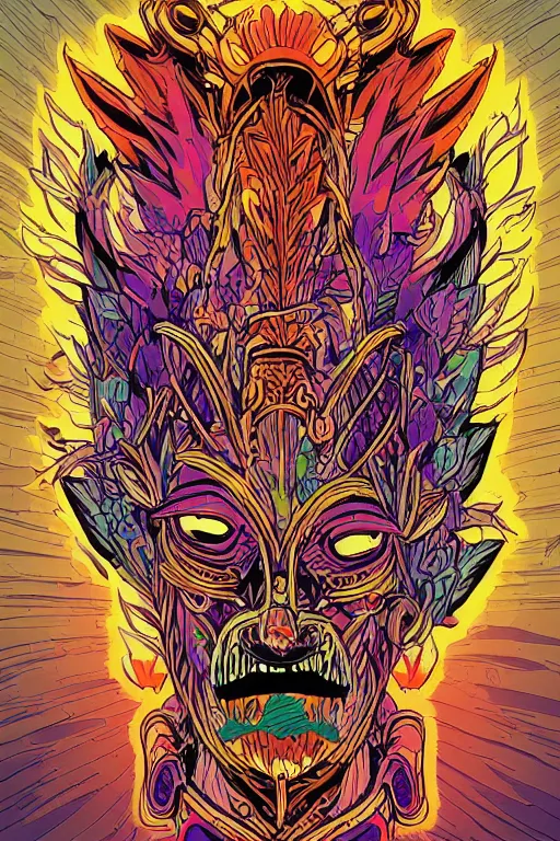 Image similar to animal mask totem roots flower tribal feather gemstone plant wood rock shaman vodoo video game vector cutout illustration vivid multicolor borderlands comics by josan gonzales and dan mumford radiating a glowing aura