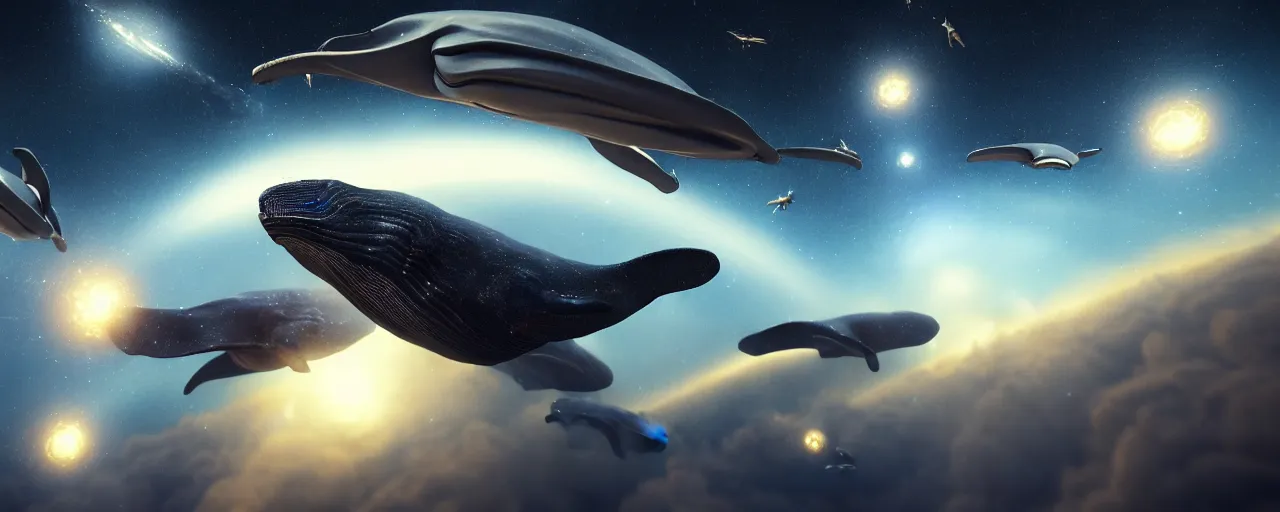 Image similar to highly detailed cinematic scifi render of flying whales over the skies of tuscany, starry night, planets, hyper detailed, digital art, trending in artstation, cinematic lighting, studio quality, smooth render, unreal engine 5 rendered, octane rendered, art style by klimt and nixeu and ian sprigger and wlop and krenz cushart, artstation unreal.