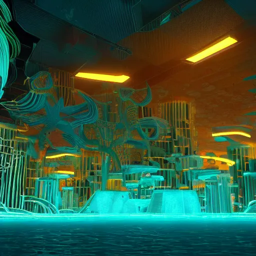 Prompt: bioluminescent city under water, futuristic, 3D render, teal and gold lights