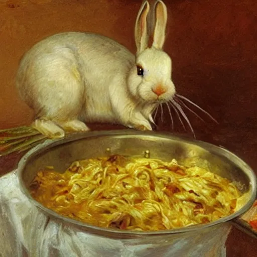 Prompt: a rabbit cooking pasta, in the style of ilya repin