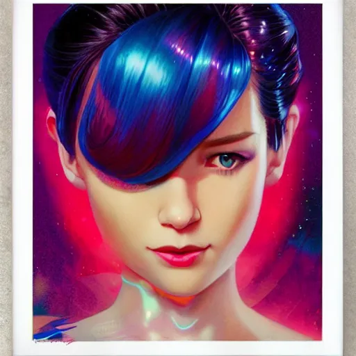 Image similar to smirking hologram woman with cute - fine - face, pretty face, oil slick hair, realistic shaded perfect face, extremely fine details, by realistic shaded lighting, dynamic background, poster by ilya kuvshinov katsuhiro otomo, magali villeneuve, artgerm, jeremy lipkin and michael garmash and rob rey, pascal blanche, kan liu