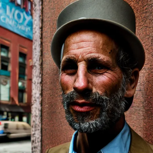 Prompt: closeup portrait of a snake oil salesman in a smoky new york back street, by Annie Leibovitz and Steve McCurry, natural light, detailed face, CANON Eos C300, ƒ1.8, 35mm, 8K, medium-format print