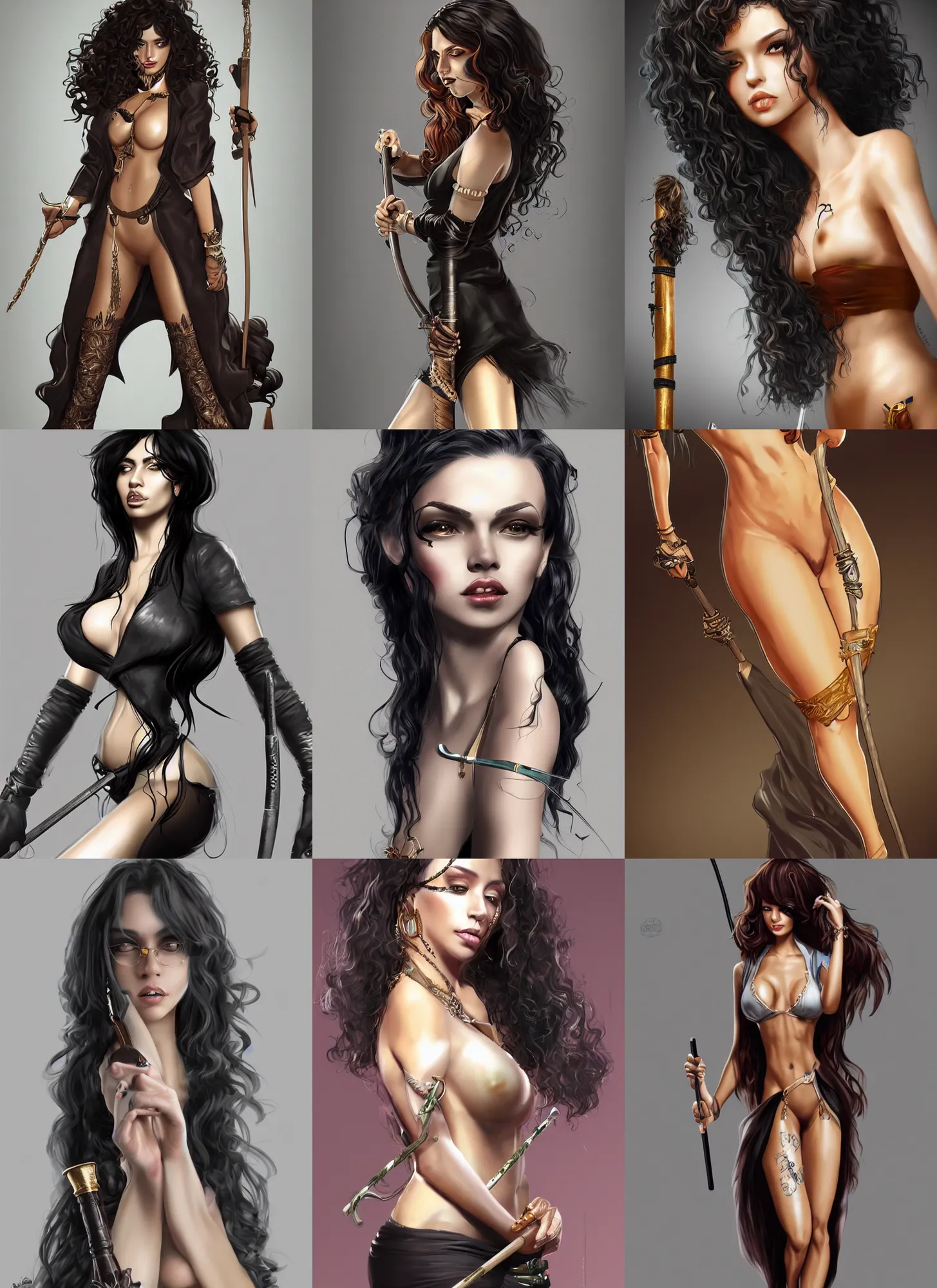 Prompt: a brazilian female pimp with a cane, long black curly hair, artstation, detailed, high quality