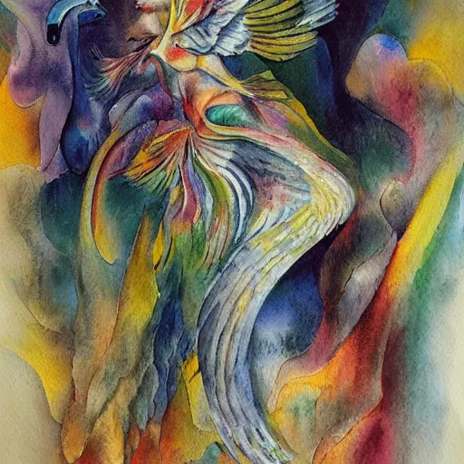 Prompt: prismatic technological iridescent lake angle goose archangel crystalline mist , by Karol Bak and Georgia O'Keefee and Arshile Gorky , watercolor , abstract , An American propaganda