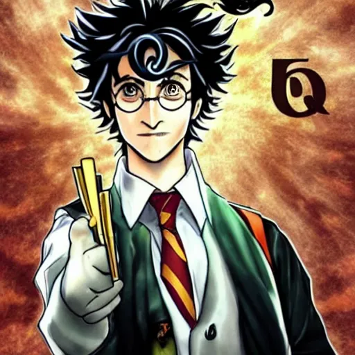 Image similar to Harry Potter as a Jotaro Kujo in JoJo\'s bizarre adventure, epic composition, movie poster, character poster