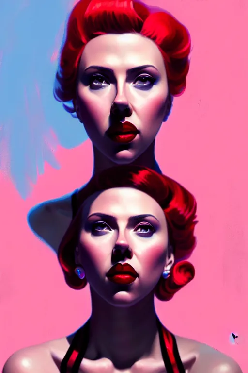 Image similar to closup portrait of scarlette johansson as noir femme fatale by sabbas apterus and james jean, bright saturated colors, concept art, beautiful composition, digital painting, trending on artstation, mucha