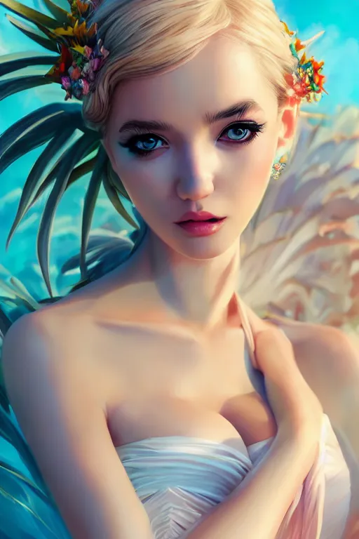 Image similar to a beautiful fashion goddness of love, chic strapless dress, tropical sea background, character design, in the style of artgerm, and wlop, cinematic lighting, hyperdetailed, 8 k realistic, symmetrical, global illumination, radiant light, frostbite 3 engine, cryengine, dof, trending on artstation, digital art